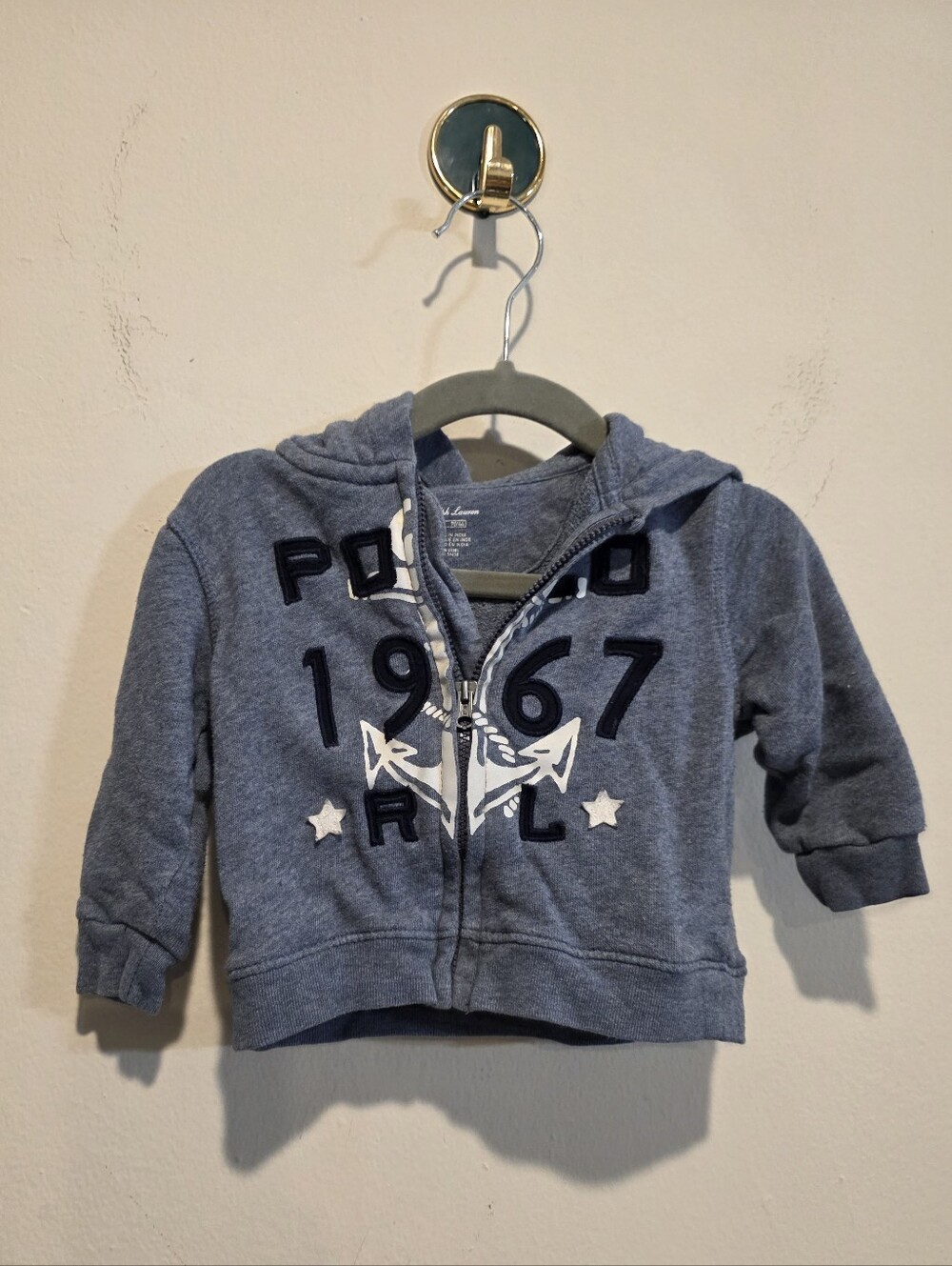 Ralph Lauren Heather Blue Hooded Zip Sweatshirt with Polo 1967 Appliqué Kids 6m